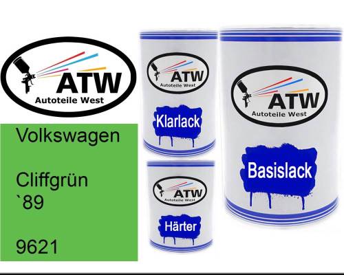 Volkswagen, Cliffgrün `89, 9621: 500ml Lackdose + 500ml Klarlack + 250ml Härter - Set, von ATW Autoteile West.